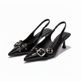 Escarpins Slingback à Bout Pointu en Similicuir avec Détails Métalliques pour Femmes