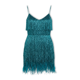 Robe de soirée à paillettes et plumes avec encolure en V et fines bretelles