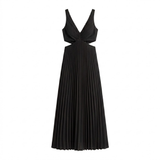 Robe Longue Plissée à Col en V avec Découpes Latérales et Dos Nu