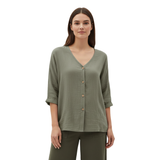 Blouse pour Femme à Col en V avec Boutons et Manches 3/4 en Lin et Coton