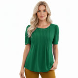 T-shirt à Manches Courtes pour Femme avec Col Rond Évasé et Détails Plissés