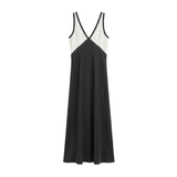 Robe Longue Satinée sans Manches avec Col en V et Design Contrasté