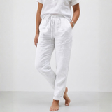 Pantalon en Coton et Lin à Taille Haute Élastique et Coupe Décontractée pour Femme