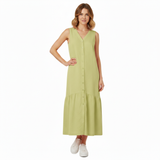 Robe midi pour femmes en coton et lin, sans manches, col en V, coupe évasée A avec poches