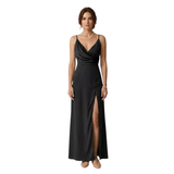Robe Longue de Soirée en Satin avec Fente Latérale et Col en V pour Femmes