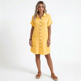 Robe Courte en Coton et Lin avec Col en V et Manches Trois-Quarts pour Femmes