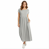 Robe maxi en coton et lin pour femmes, manches courtes, plissée, encolure ronde avec poches