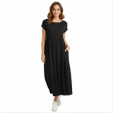 Robe maxi en coton et lin pour femmes, manches courtes, plissée, encolure ronde avec poches
