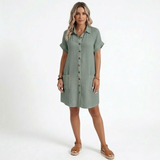 Robe Courte en Coton et Lin avec Col en V et Manches Trois-Quarts pour Femmes