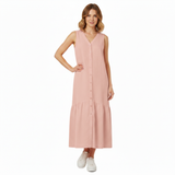 Robe midi pour femmes en coton et lin, sans manches, col en V, coupe évasée A avec poches