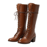 Bottes hautes femme à lacets montants en cuir vieilli avec talon carré et doublure douce
