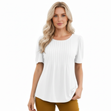 T-shirt à Manches Courtes pour Femme avec Col Rond Évasé et Détails Plissés