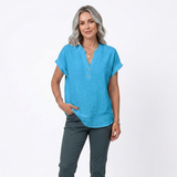 Chemisier en Coton et Lin à Col en V et Manches Courtes pour Femmes