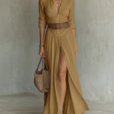 Helenia | Robe Maxi Longue avec Col Découpé et Manches Longues pour Femmes