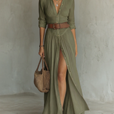 Helenia | Robe Maxi Longue avec Col Découpé et Manches Longues pour Femmes