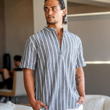 Charles | Chemise en Lin Rayée pour Hommes avec Col Montant