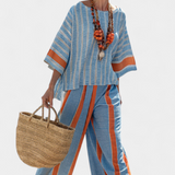 Valeria – haut strié terracotta sophistiqué et pantalons en lin