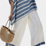 Ornella – haut bleu sophistiqué à rayures et pantalons avec détails en bas