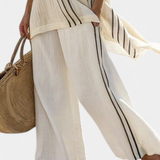 Raffaella – blouse en lin beige élégante et pantalon à rayures noires