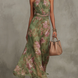 Serena | Robe Maxi Florale Verte avec Décolleté Croisé