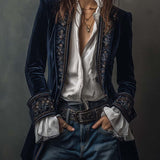 Octavia | Veste Longue Brodée Bleu Marine