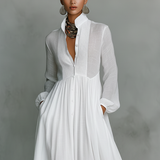 Sita | Robe maxi en patchwork avec col montant et manches longues