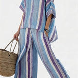 Ginevra – haut pastel mauve élégant et pantalons en lin à rayures