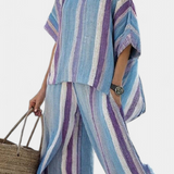 Ginevra – haut pastel mauve élégant et pantalons en lin à rayures