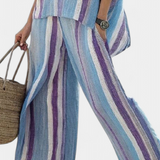 Ginevra – haut pastel mauve élégant et pantalons en lin à rayures